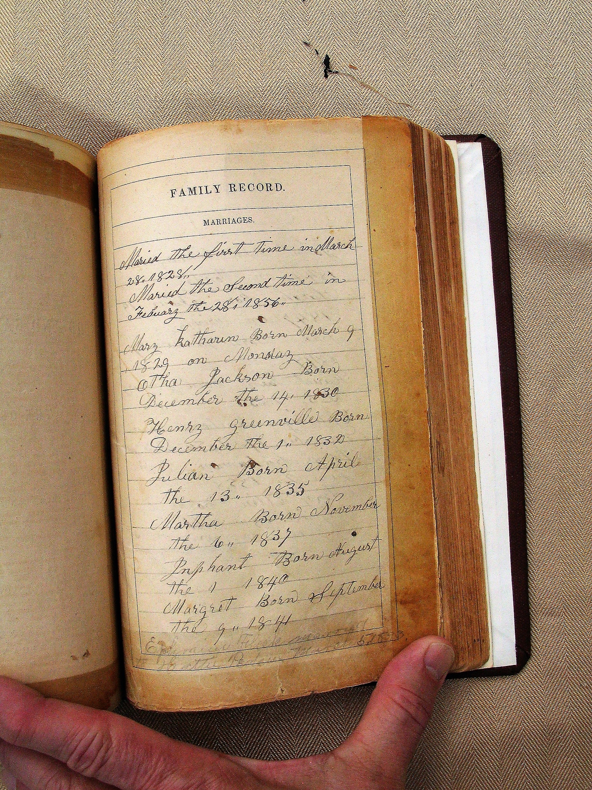 Marriage date of Isaac Fleek from the Fleek family Bible in Kansas